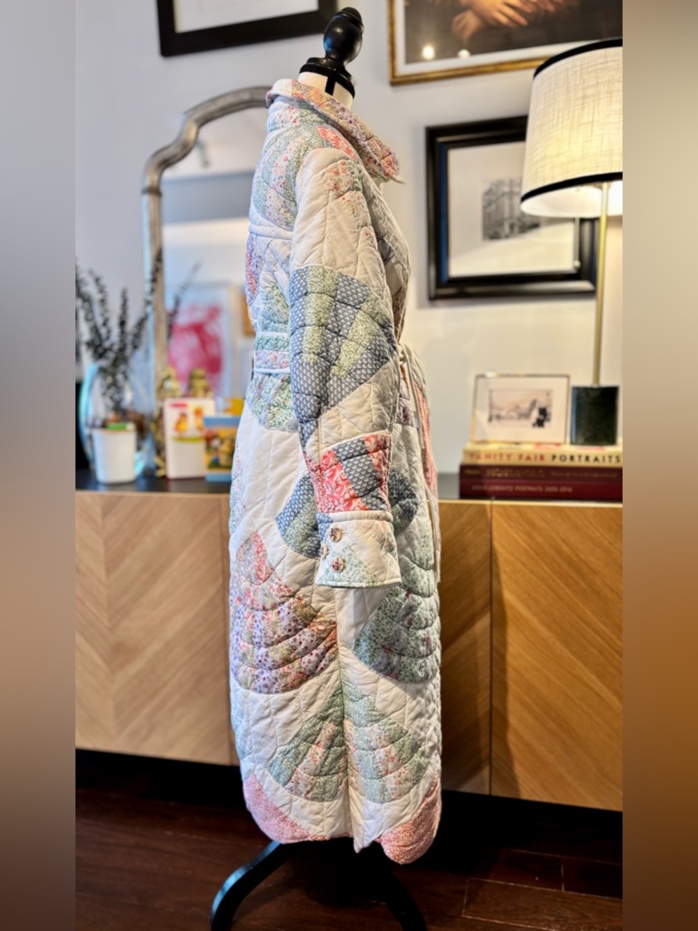 💕SOLD 🧵HANDMADE Fan Patchwork Long Quilt Belted Coat in Pastel Floral S/M - Picture 8 of 16